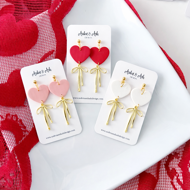 Heart + Gold Bow Dangle | Pink | Red | White